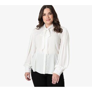 Unique Vintage White Neck-Tie Gwen Blouse White Size M A000535